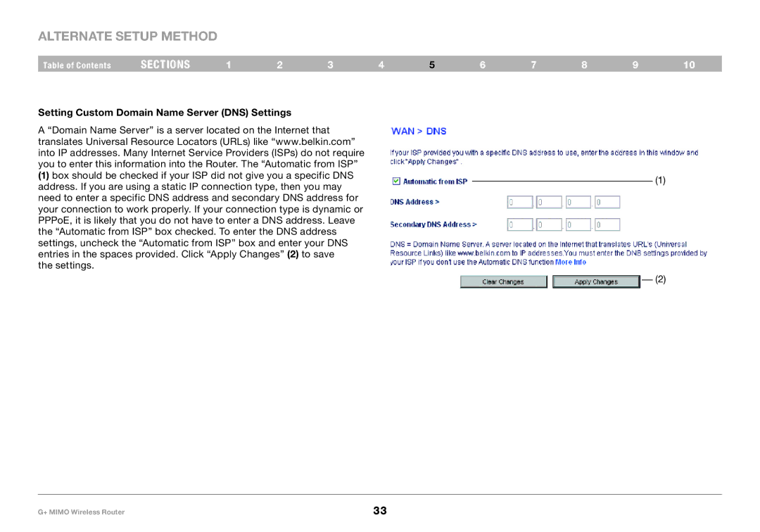 Belkin PM01116EA user manual Setting Custom Domain Name Server DNS Settings 