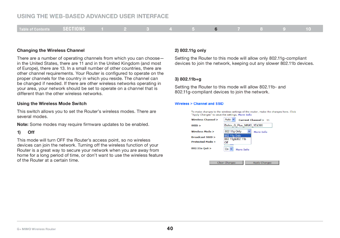 Belkin PM01116EA user manual Changing the Wireless Channel, Using the Wireless Mode Switch, Off, 802.11g only, 802.11b+g 