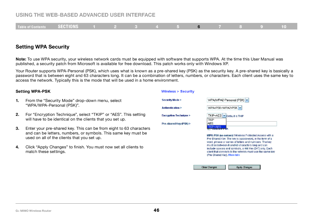 Belkin PM01116EA user manual Setting WPA Security, Setting WPA-PSK 