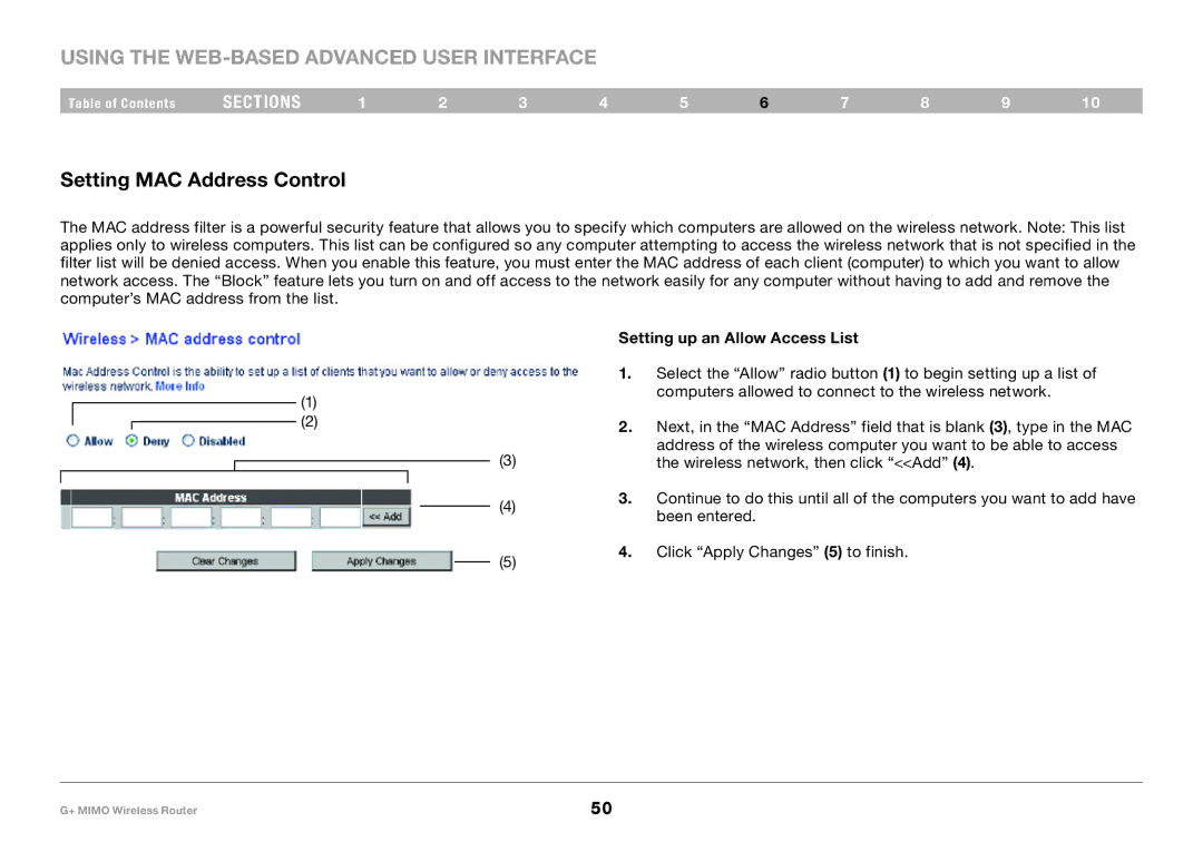 Belkin PM01116EA user manual Setting MAC Address Control, Setting up an Allow Access List, Click Apply Changes 5 to finish 