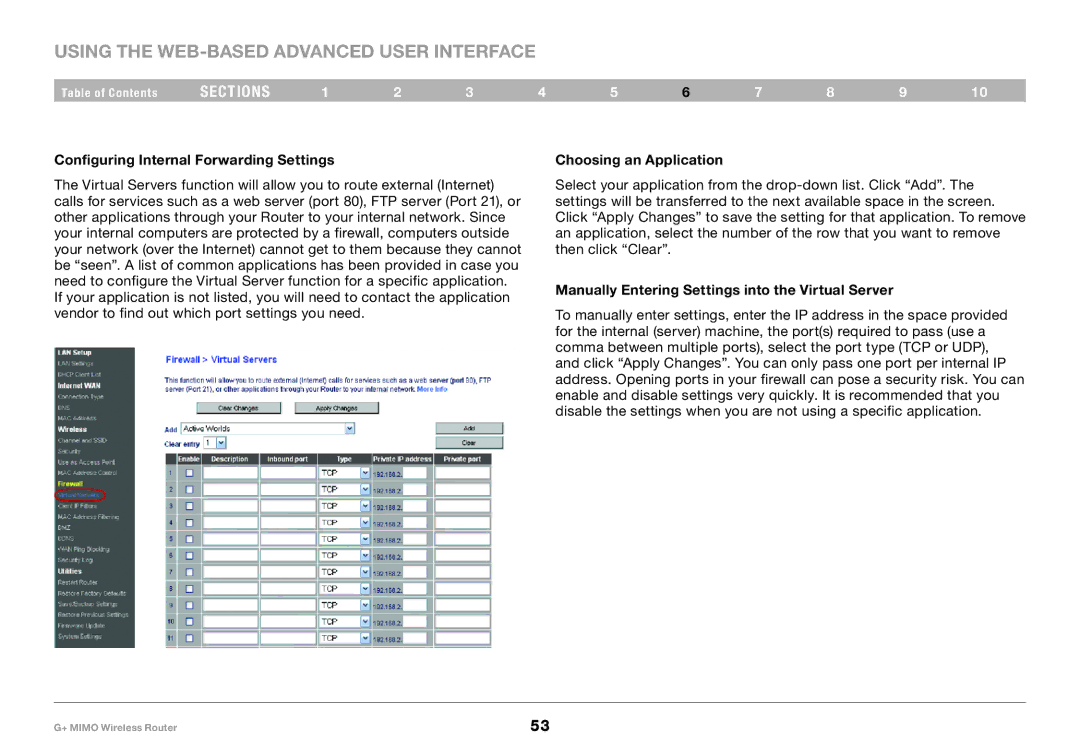 Belkin PM01116EA user manual Configuring Internal Forwarding Settings, Choosing an Application 