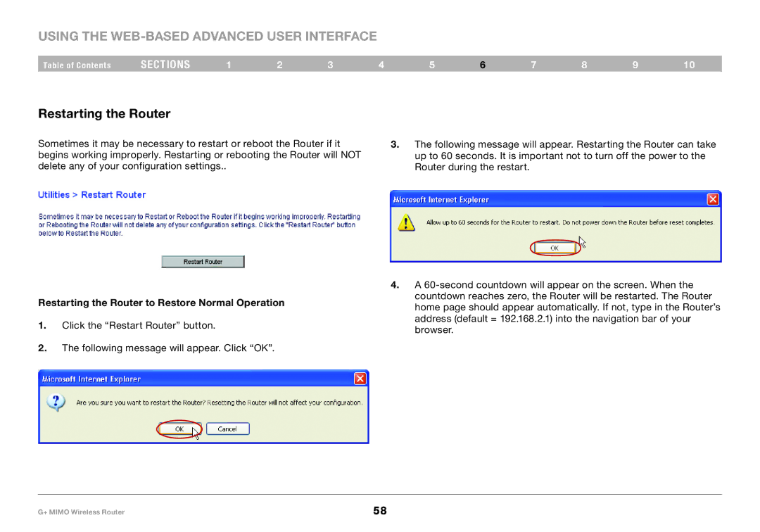 Belkin PM01116EA user manual Restarting the Router to Restore Normal Operation 