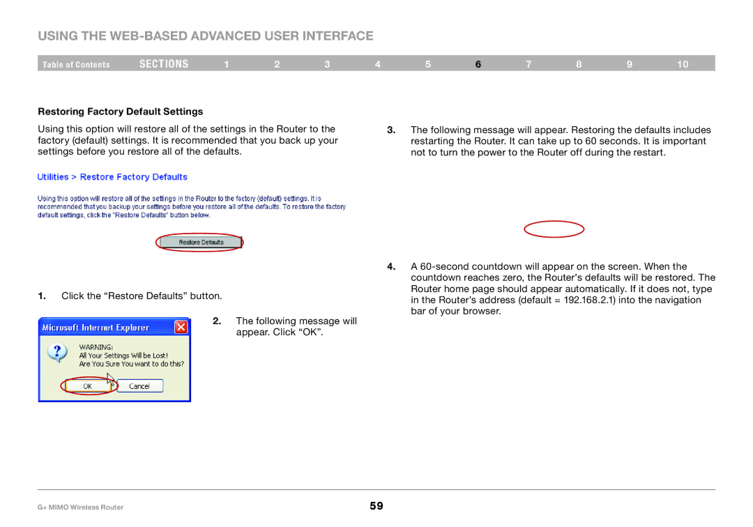 Belkin PM01116EA user manual Restoring Factory Default Settings 