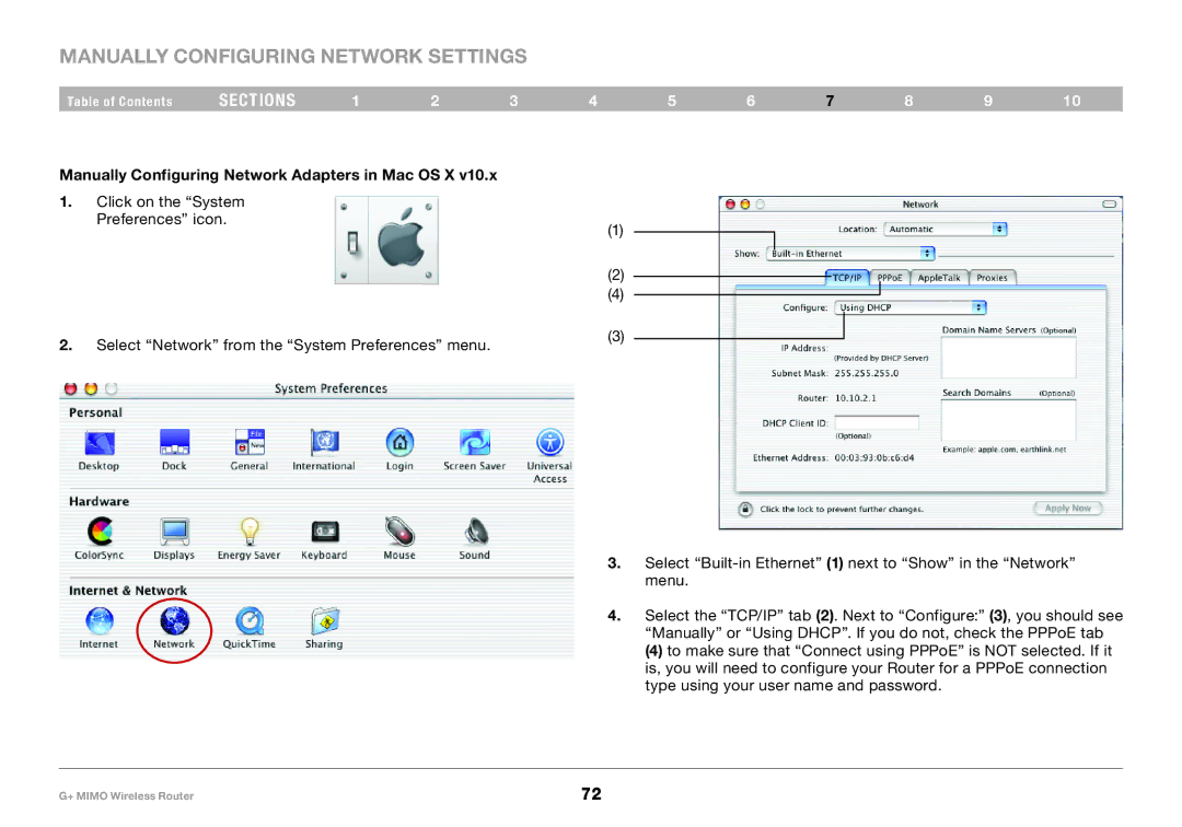 Belkin PM01116EA user manual Manually Configuring Network Settings, Manually Configuring Network Adapters in Mac OS X 