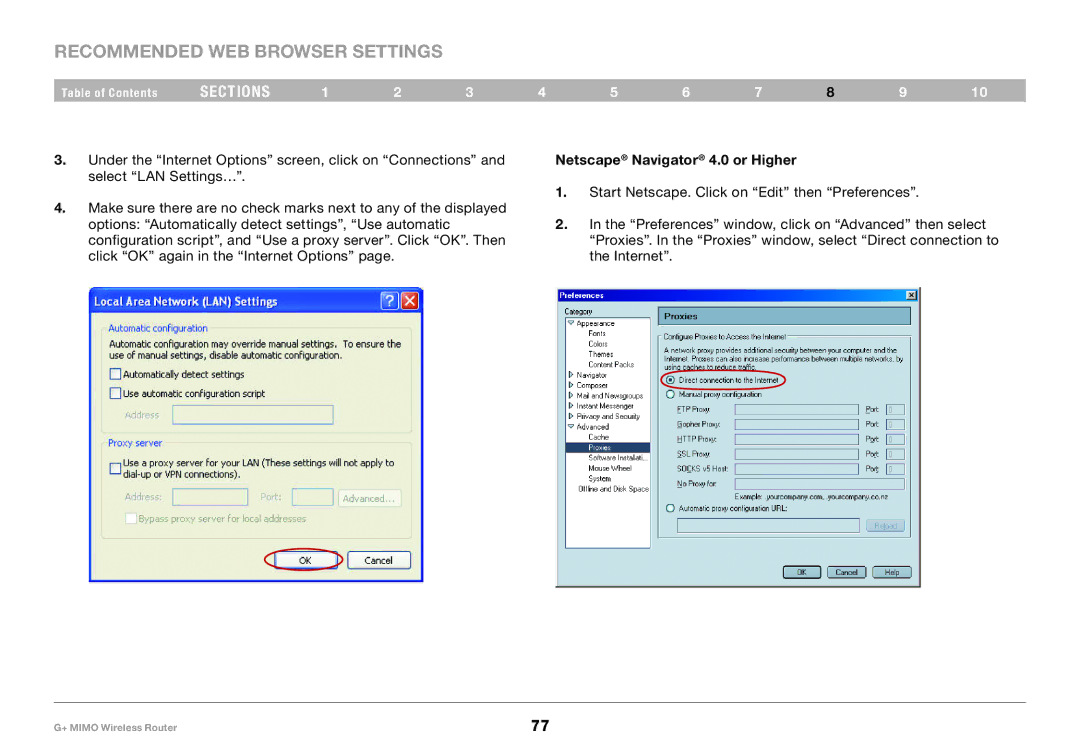 Belkin PM01116EA user manual Recommended Web Browser Settings, Netscape Navigator 4.0 or Higher 