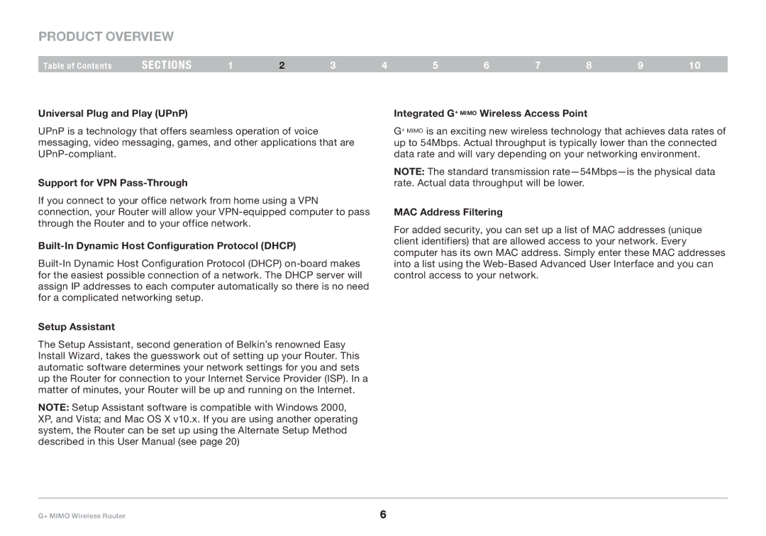 Belkin PM01116EA Product Overview, Support for VPN Pass-Through, Built-In Dynamic Host Configuration Protocol Dhcp 