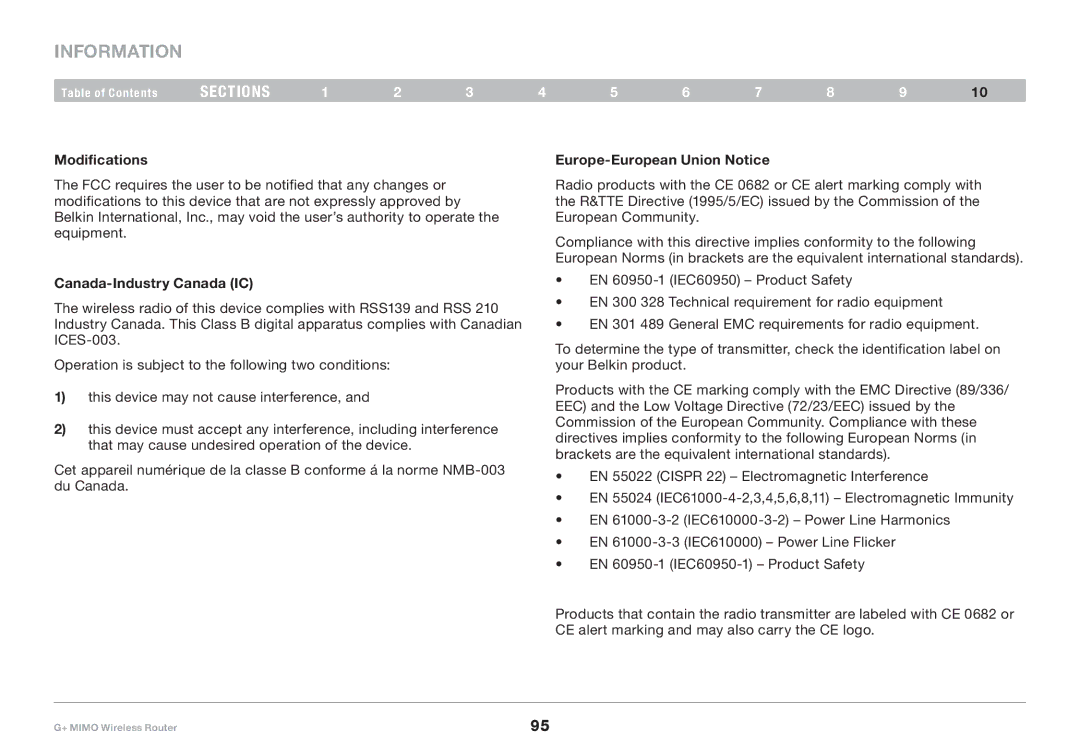 Belkin PM01116EA user manual Information, Modifications, Europe-European Union Notice, Canada-Industry Canada IC 