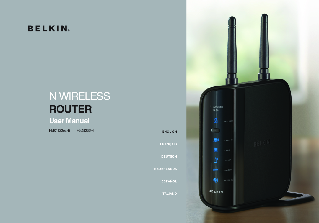 Belkin PM01122EA-B user manual N Wireless, Router, User Manual, PM01122ea-B F5D8236-4, English, Français, Deutsch, Español 