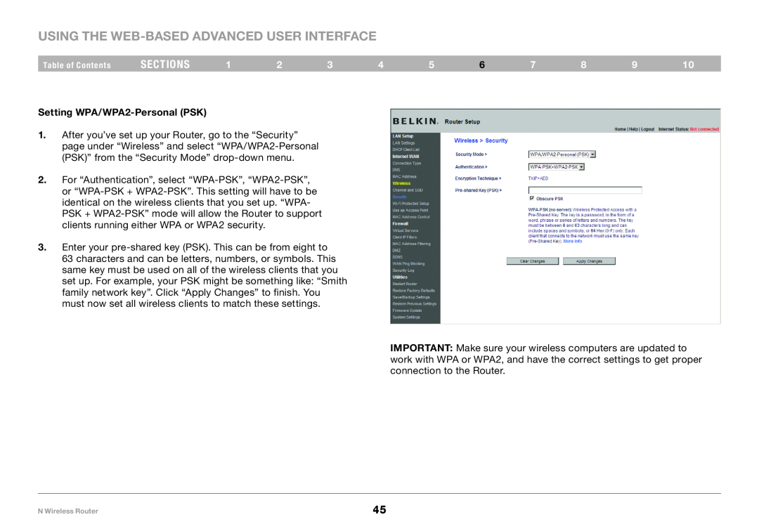 Belkin PM01122EA-B user manual Setting WPA/WPA2-Personal PSK, Using the Web-Based Advanced User Interface, sections 