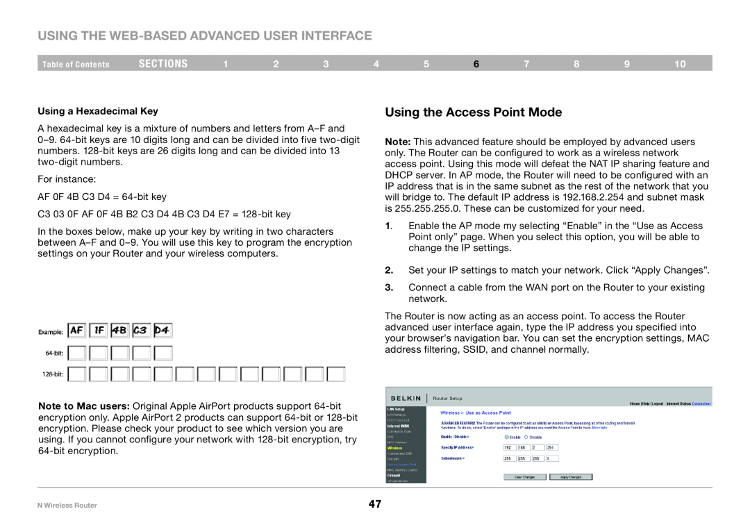 Belkin PM01122EA-B Using the Access Point Mode, Using a Hexadecimal Key, Using the Web-Based Advanced User Interface 