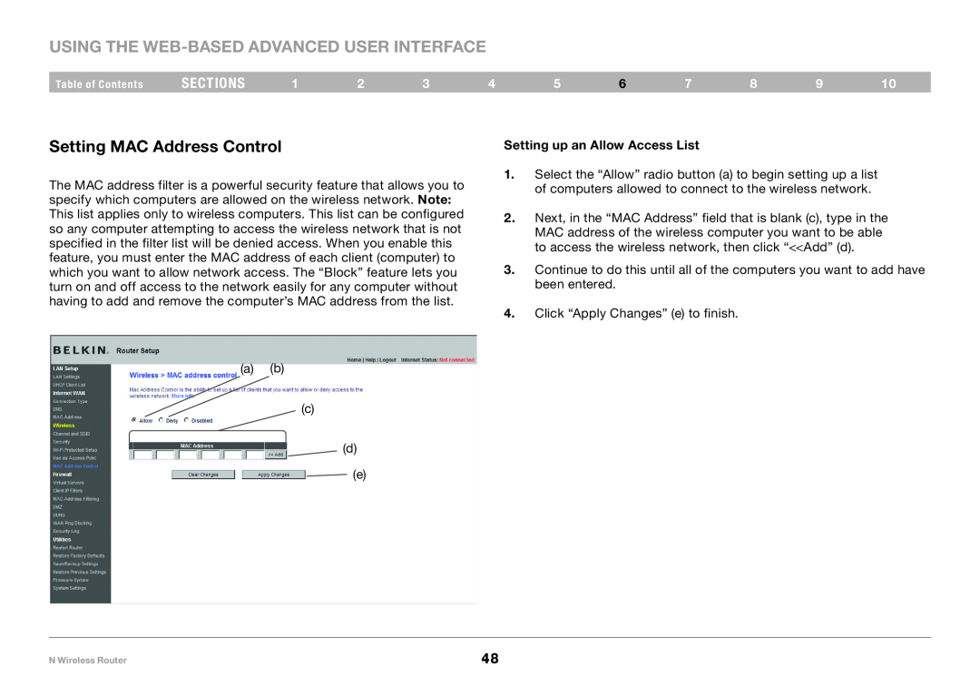 Belkin PM01122EA-B user manual Setting MAC Address Control, Setting up an Allow Access List, sections 