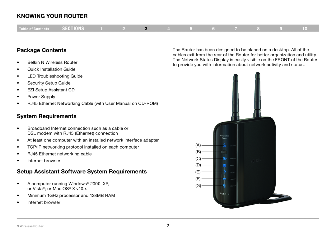 Belkin PM01122EA-B user manual Knowing your Router, Package Contents, System Requirements, sections 