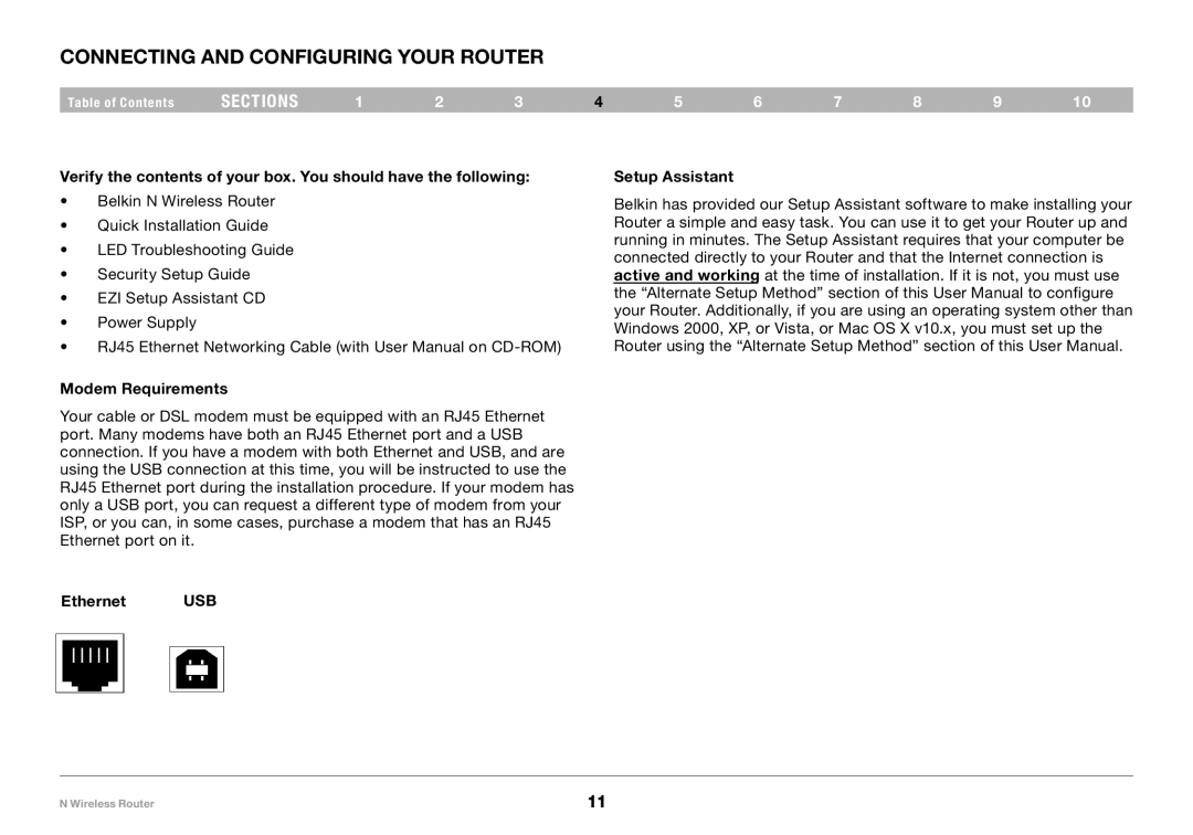 Belkin PM01122EA-B user manual Connecting and Configuring your Router, Modem Requirements, Setup Assistant Ethernet USB 