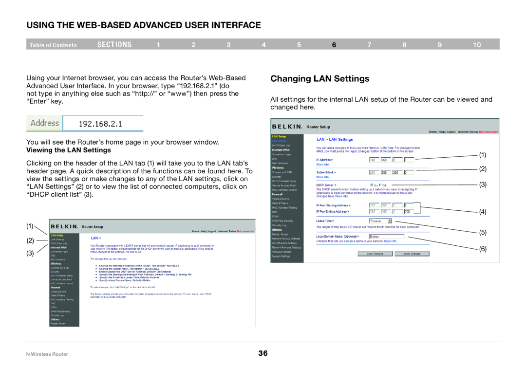 Belkin PM01122EA-B user manual Using the Web-Based Advanced User Interface, Changing LAN Settings, Viewing the LAN Settings 