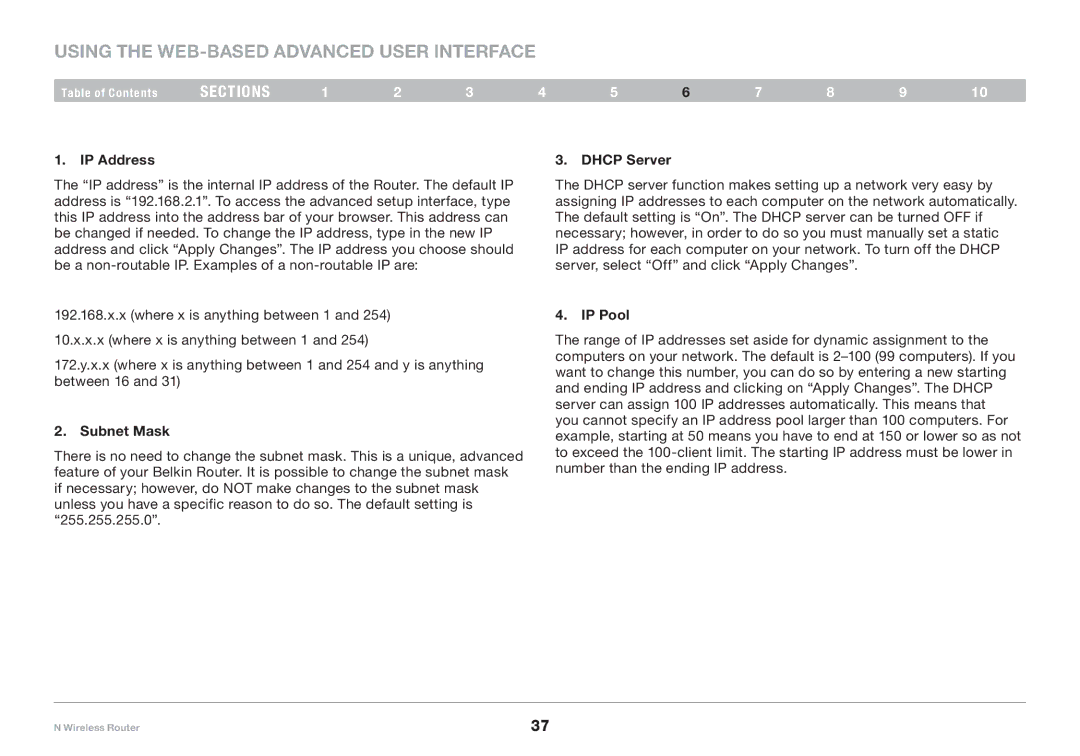 Belkin PM01122EA-B user manual Using the Web-Based Advanced User Interface, IP Address Dhcp Server, IP Pool 