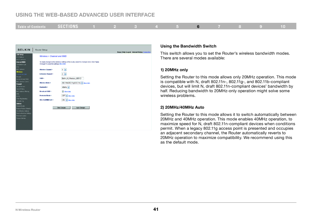 Belkin PM01122EA-B user manual Using the Bandwidth Switch, 20MHz only, 20MHz/40MHz Auto 