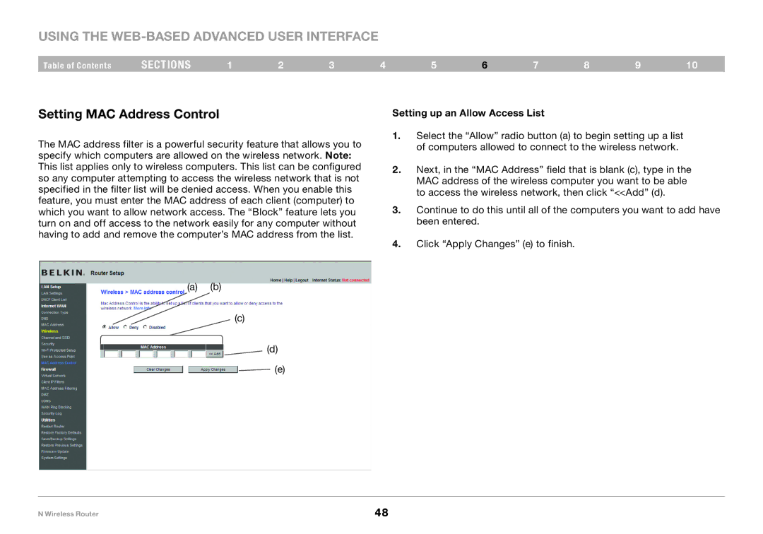 Belkin PM01122EA-B user manual Setting MAC Address Control, Setting up an Allow Access List 