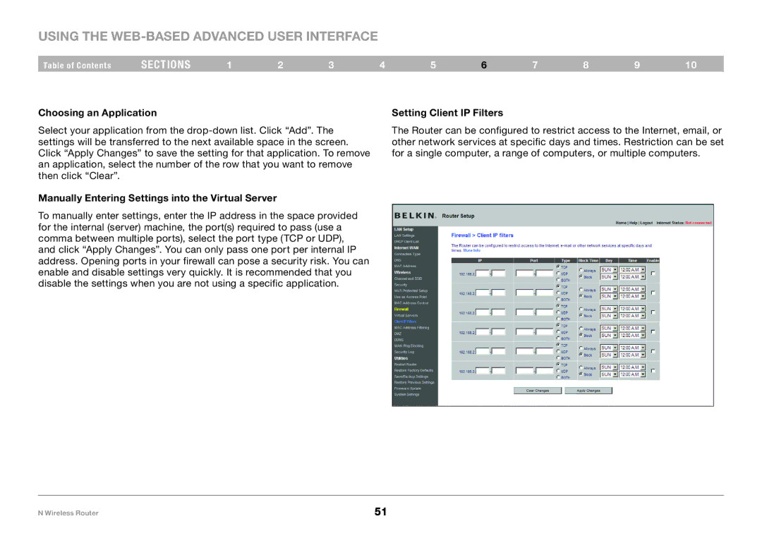 Belkin PM01122EA-B Choosing an Application Setting Client IP Filters, Manually Entering Settings into the Virtual Server 