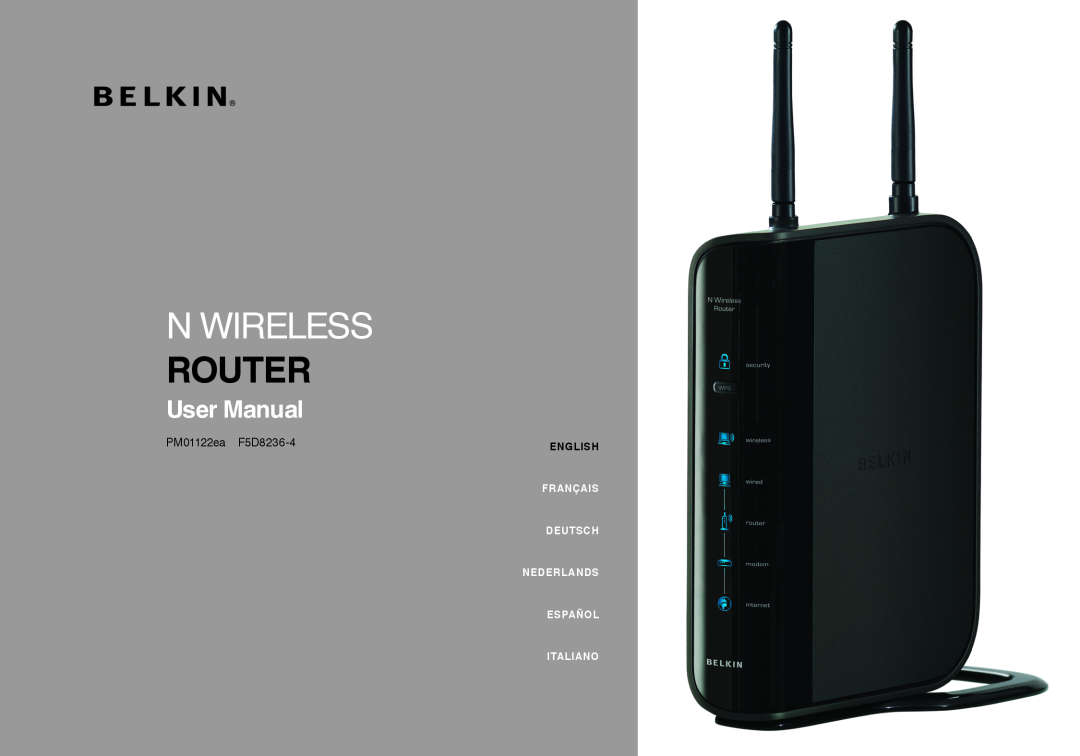 Belkin PM01122EA user manual N Wireless, Router, User Manual, PM01122ea F5D8236-4, English, Français, Deutsch, Nederlands 