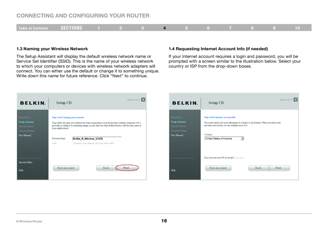 Belkin PM01122EA user manual Naming your Wireless Network, Requesting Internet Account Info if needed, sections 