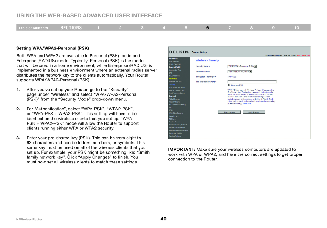 Belkin PM01122EA user manual Setting WPA/WPA2-Personal PSK, Using the Web-Based Advanced User Interface, sections 