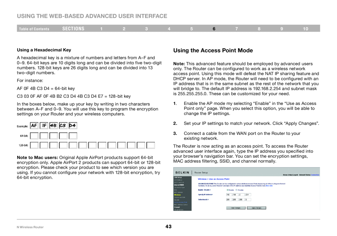 Belkin PM01122EA Using the Access Point Mode, Using a Hexadecimal Key, Using the Web-Based Advanced User Interface 