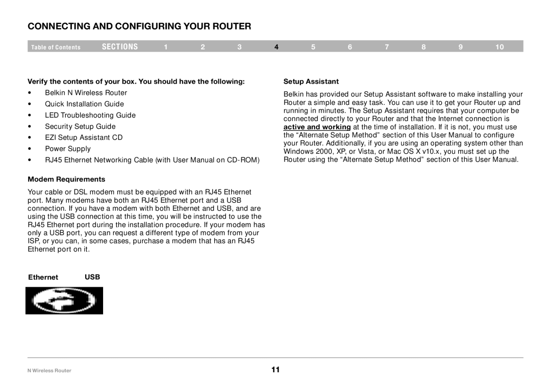 Belkin PM01122EA user manual Connecting and Configuring your Router, Modem Requirements, Setup Assistant Ethernet USB 