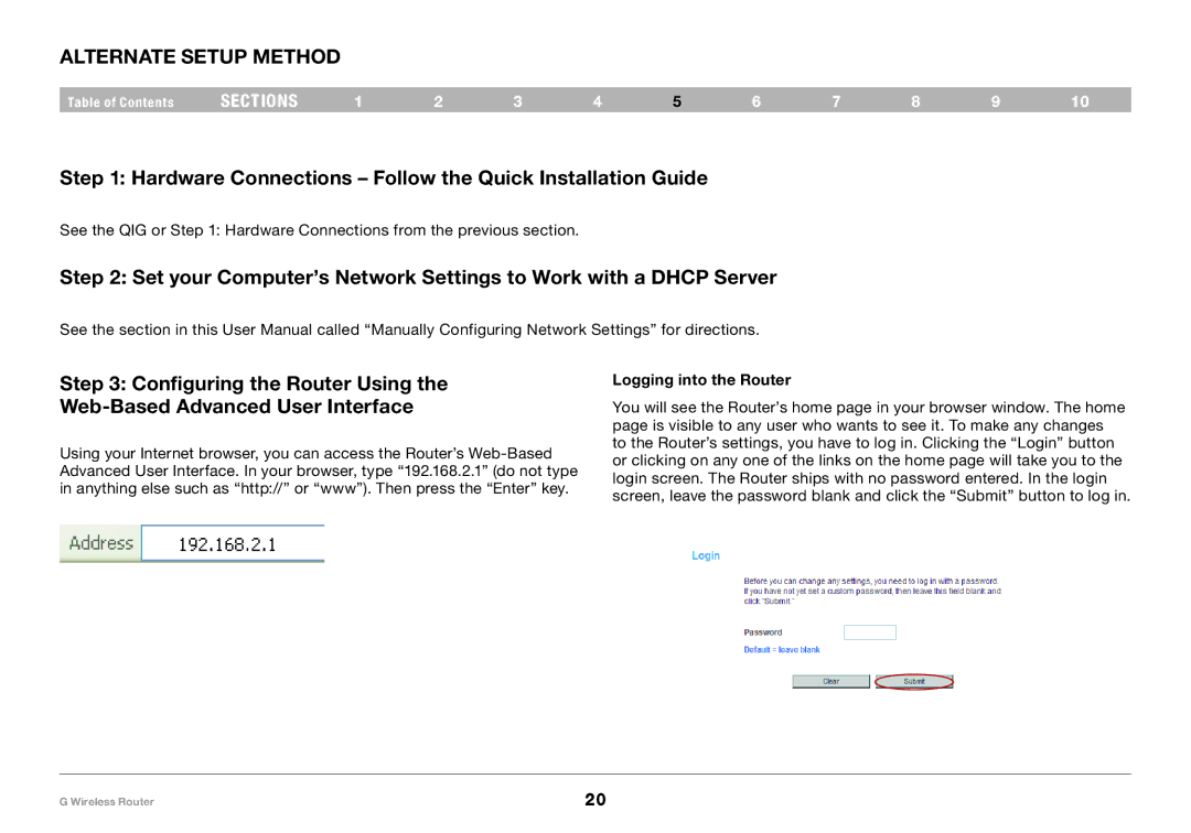 Belkin PM01122EA Alternate Setup Method, Hardware Connections Follow the Quick Installation Guide, Logging into the Router 