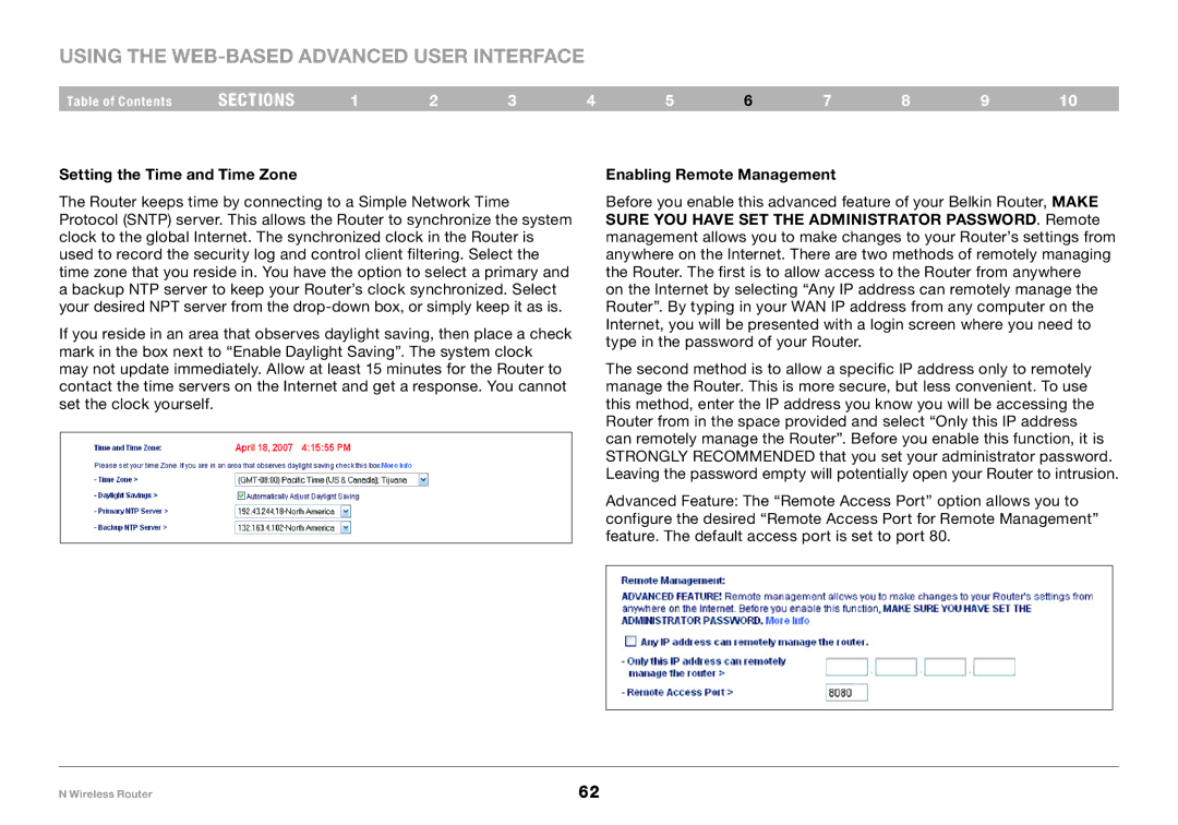 Belkin PM01122EA user manual Setting the Time and Time Zone, Enabling Remote Management 