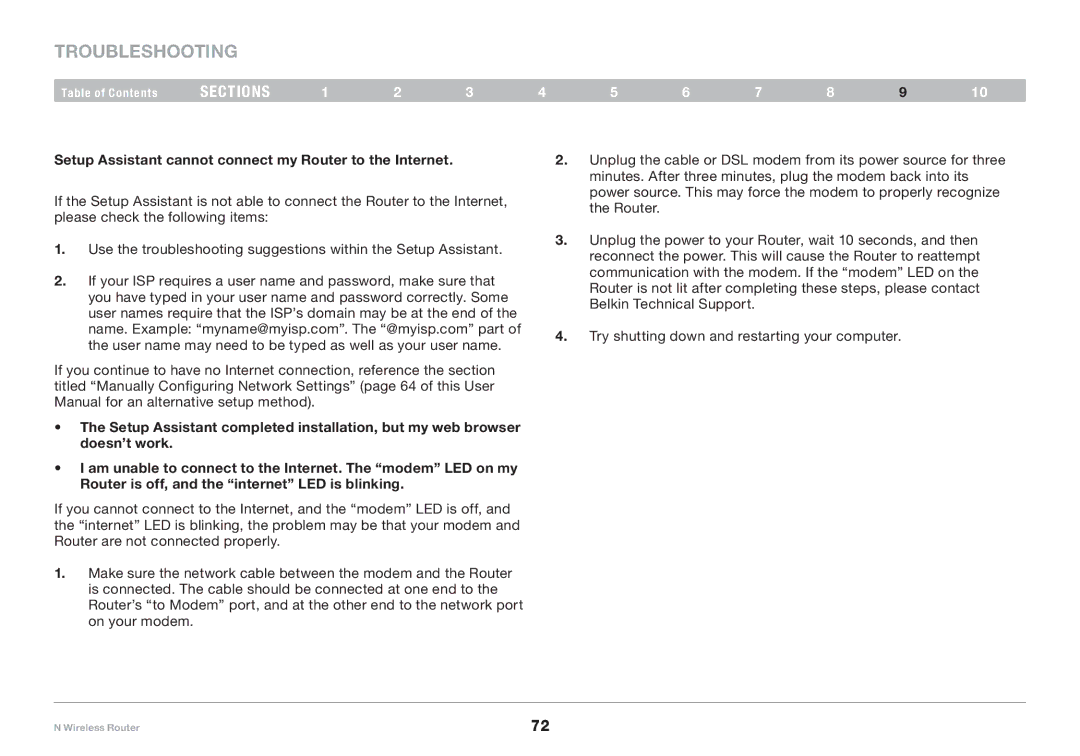 Belkin PM01122EA user manual Troubleshooting, Setup Assistant cannot connect my Router to the Internet 