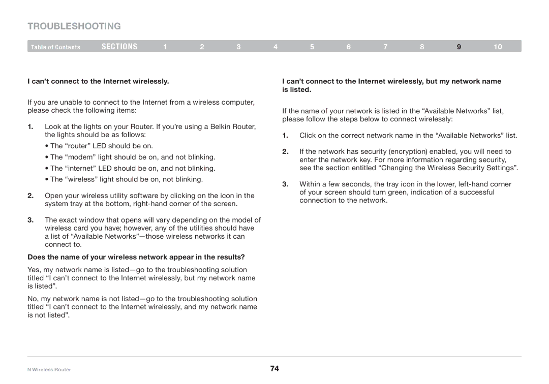 Belkin PM01122EA user manual Can’t connect to the Internet wirelessly 