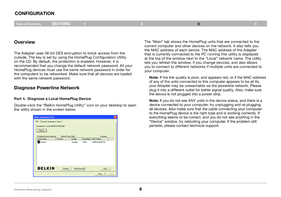 Belkin PM01141ea user manual Configuration, Diagnose Powerline Network, Part 1 Diagnose a Local HomePlug Device 