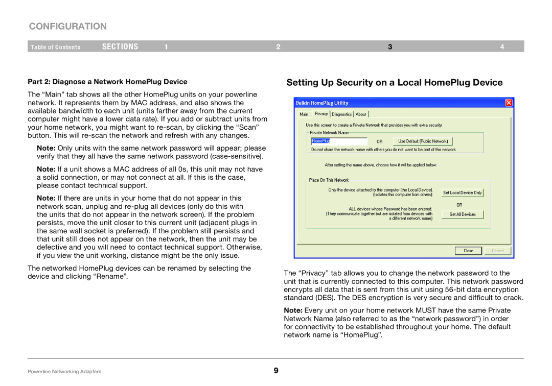 Belkin PM01141ea Configuration, Setting Up Security on a Local HomePlug Device, Part 2 Diagnose a Network HomePlug Device 