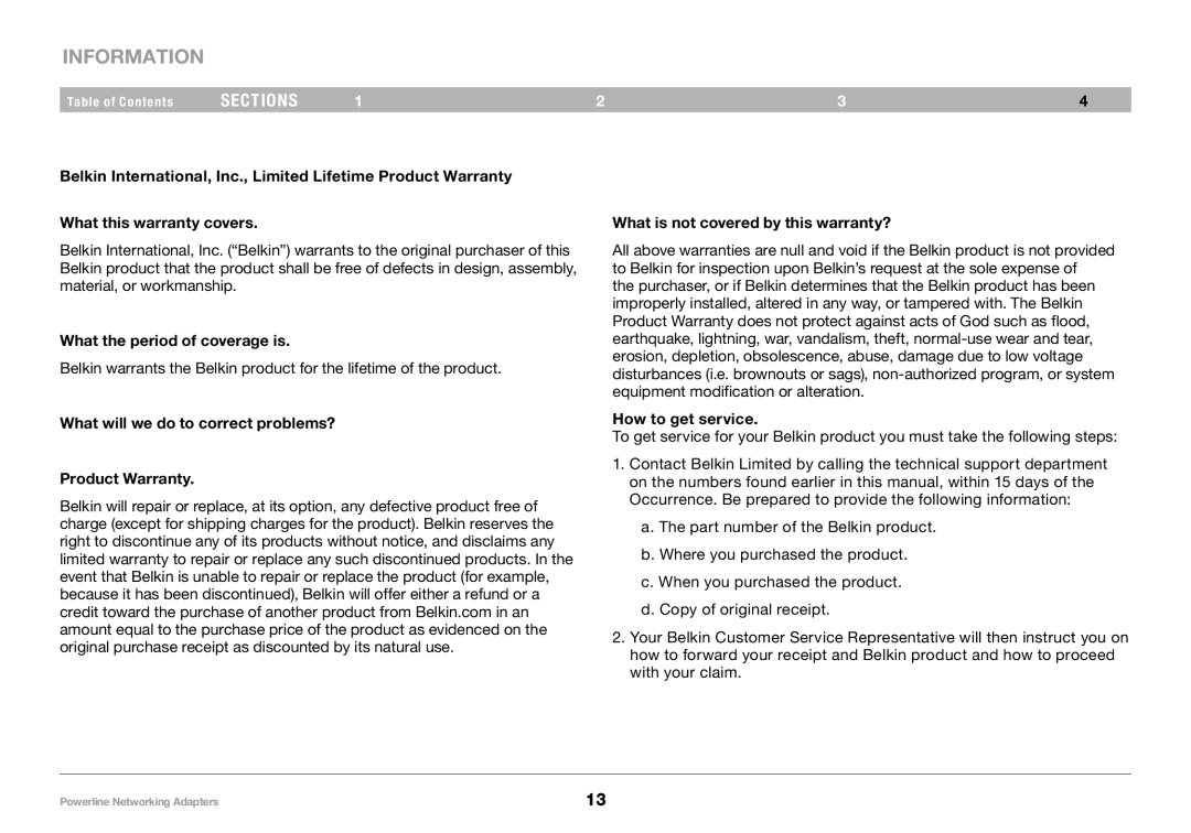 Belkin PM01141ea user manual Information, What the period of coverage is, How to get service 