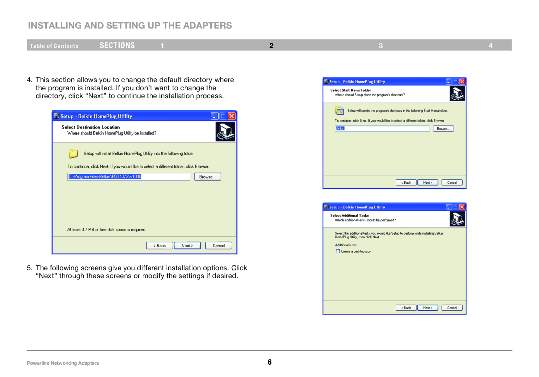 Belkin PM01141ea user manual Installing and Setting Up the Adapters 