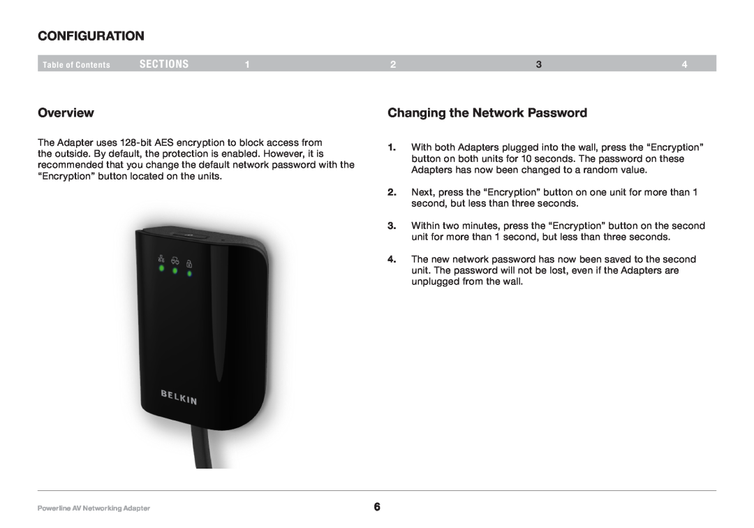 Belkin PM01146EA-A F5D4047V2 manual Configuration, Changing the Network Password, Overview, sections 