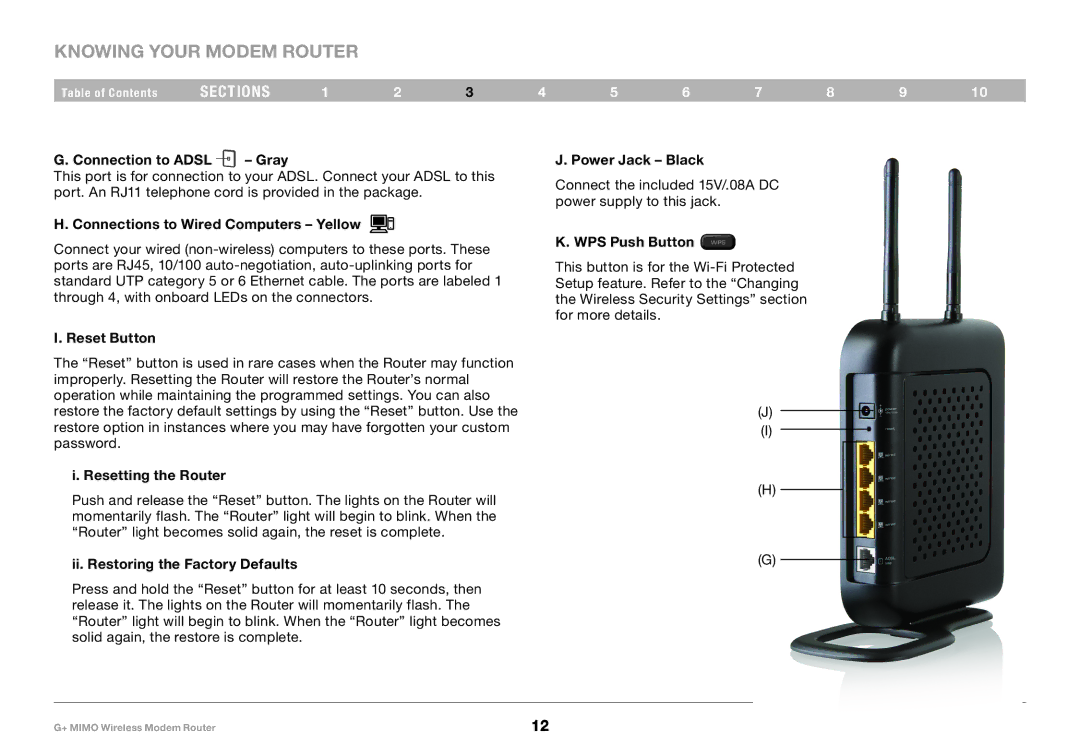 Belkin PM01522EA Connection to Adsl Gray, Connections to Wired Computers Yellow, Reset Button, Resetting the Router 