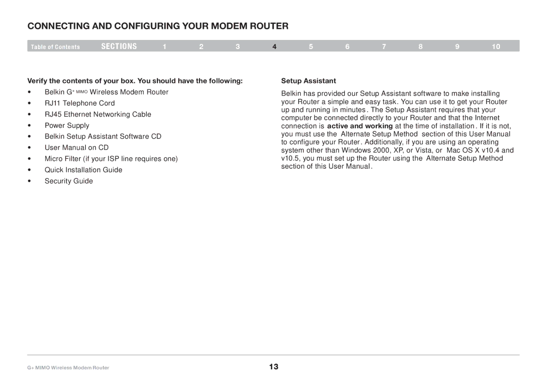 Belkin F5D9631-4, PM01522EA user manual Connecting and Configuring your modem Router, Setup Assistant 