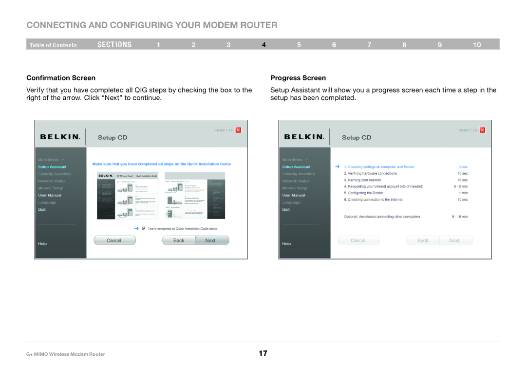 Belkin F5D9631-4, PM01522EA user manual Confirmation Screen Progress Screen 