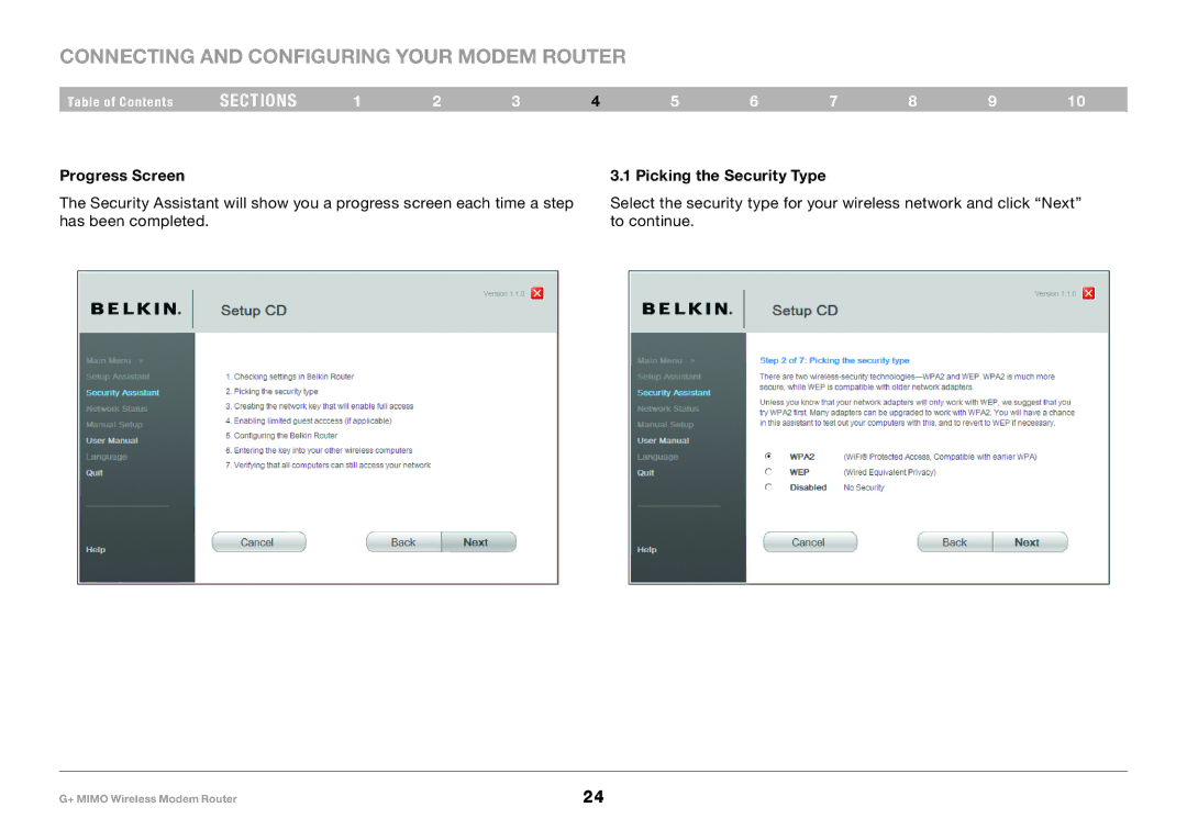 Belkin PM01522EA, F5D9631-4 user manual Progress Screen Picking the Security Type 