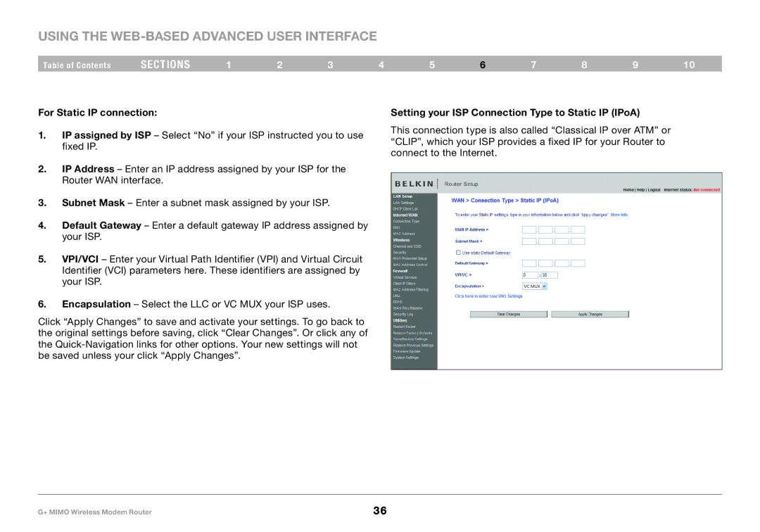 Belkin PM01522EA, F5D9631-4 user manual For Static IP connection, Setting your ISP Connection Type to Static IP IPoA 