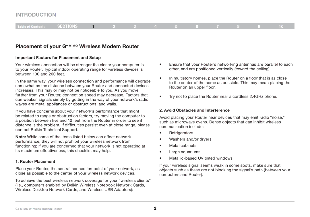 Belkin PM01522EA Introduction, Placement of your G+ Mimo Wireless Modem Router, Important Factors for Placement and Setup 