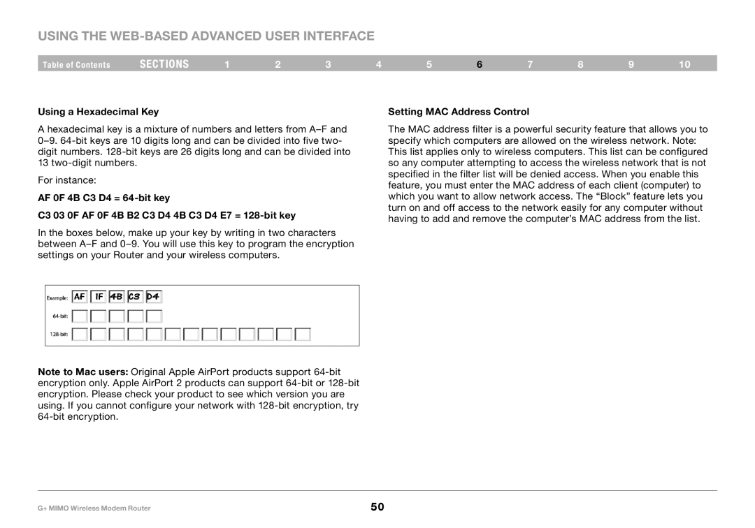 Belkin PM01522EA, F5D9631-4 user manual Using a Hexadecimal Key, Setting MAC Address Control 