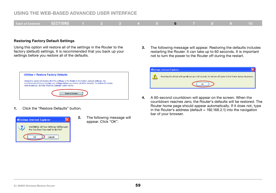 Belkin F5D9631-4, PM01522EA user manual Restoring Factory Default Settings 