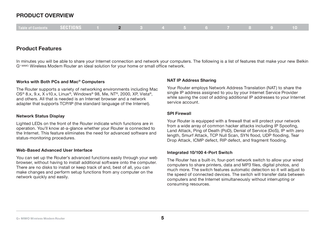 Belkin F5D9631-4, PM01522EA user manual Product Overview, Product Features 