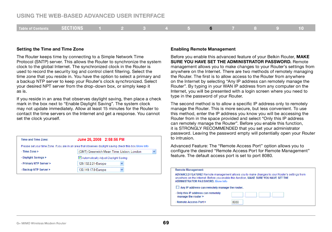 Belkin F5D9631-4, PM01522EA user manual Setting the Time and Time Zone, Enabling Remote Management 