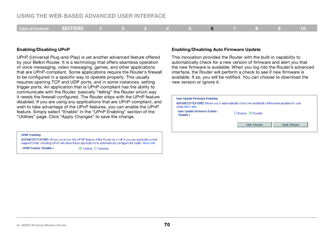 Belkin PM01522EA, F5D9631-4 user manual Enabling/Disabling UPnP, Enabling/Disabling Auto Firmware Update 