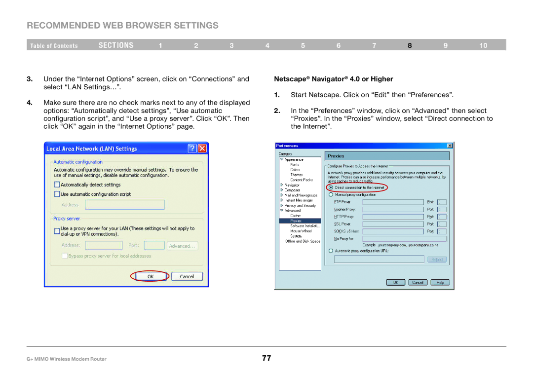 Belkin F5D9631-4, PM01522EA user manual Recommended Web Browser Settings, Netscape Navigator 4.0 or Higher 