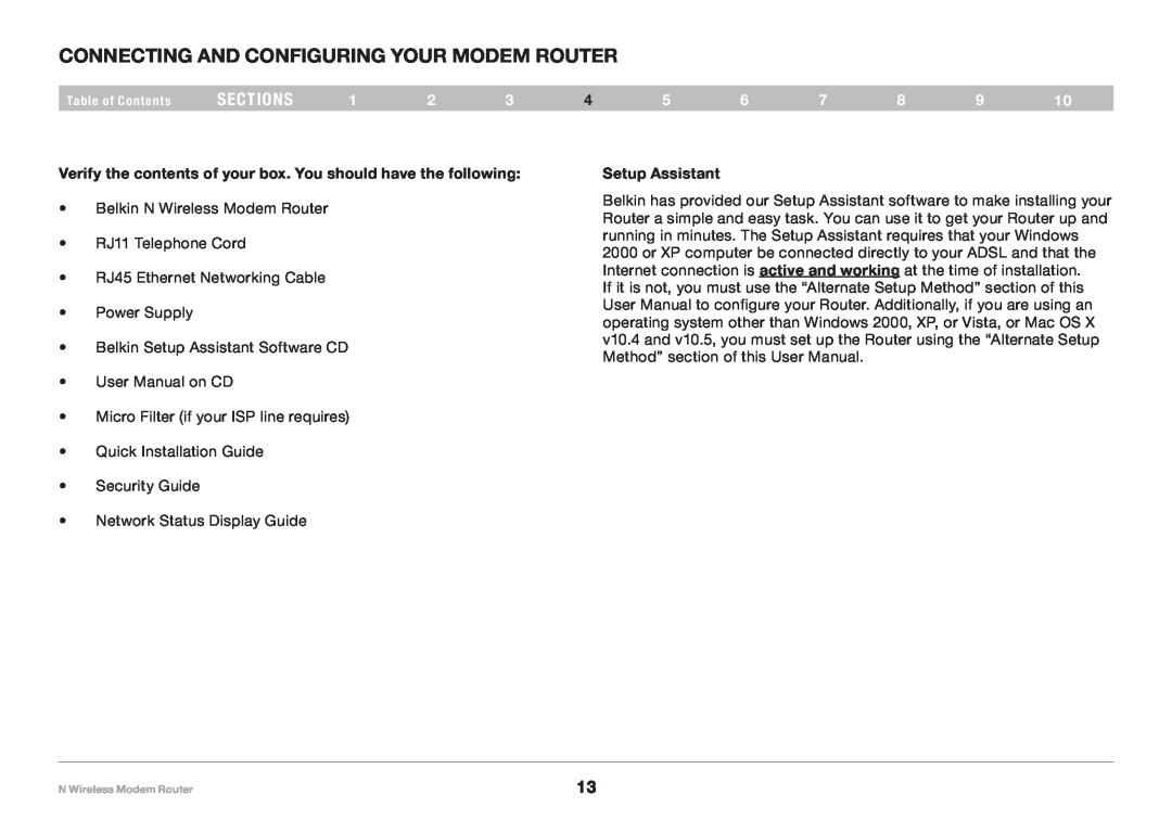 Belkin PM01527ea F5D8636-4 user manual Connecting and Configuring your Modem Router, sections, Setup Assistant 