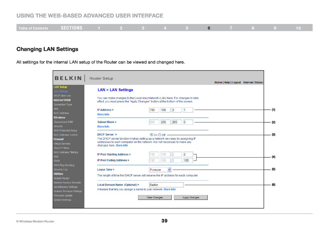 Belkin PM01527ea F5D8636-4 Using the Web-Based Advanced User Interface, Changing LAN Settings, sections, Table of Contents 